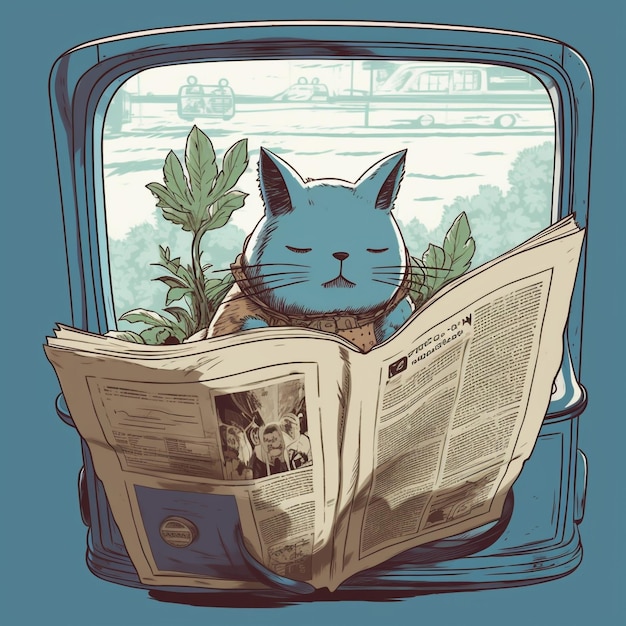 cute kitten beside totoro reading newspaper in the bus