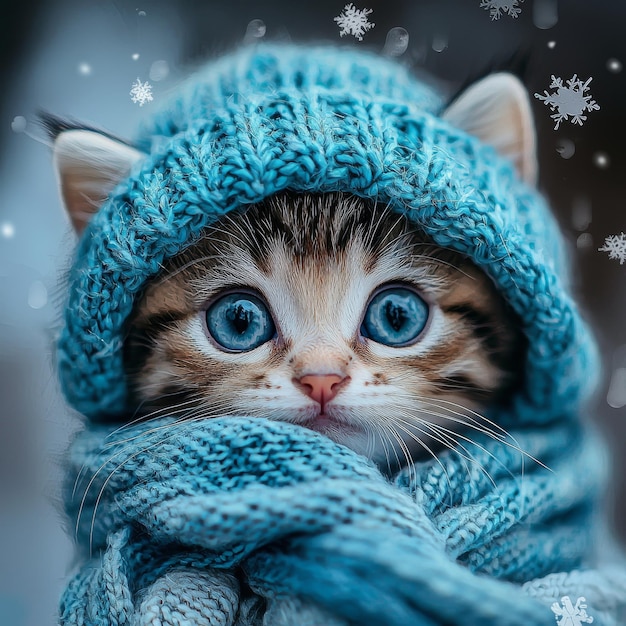 Photo cute kitten in a blue knit hat and scarf