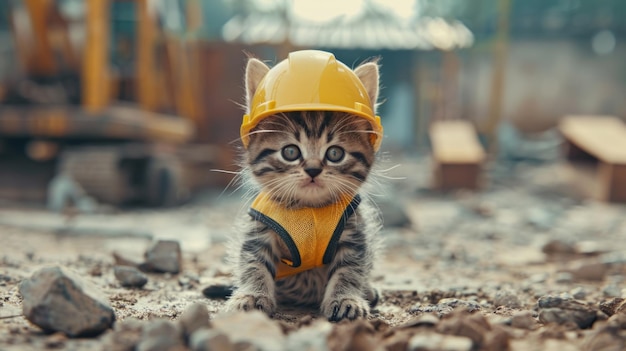 Photo a cute kitten in a builder outfit at a construction site with a safety helmet blending