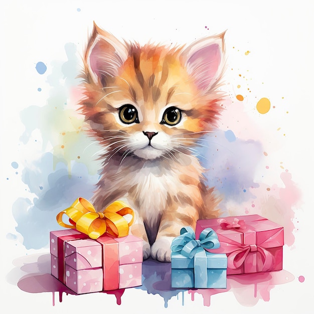 Cute Kitten Cartoon with Colorful Gift Boxes and Gifts