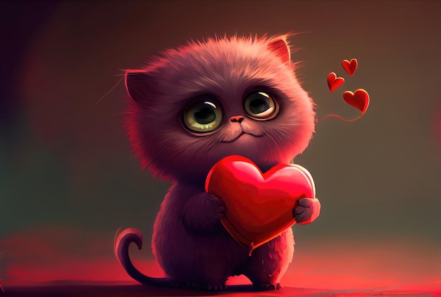 Photo cute kitten cat holding valentines day heart generative ai