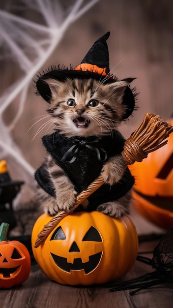 Photo cute kitten celebrating halloween in furry costume