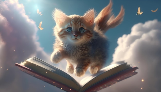 Cute kitten flying with books knowledge cloud art generative AI