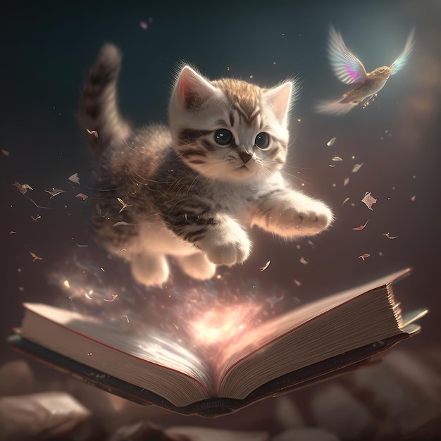 Cute kitten flying with books knowledge cloud art with bird generative AI