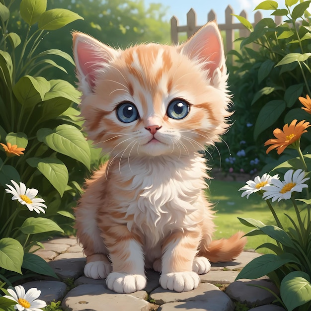 A cute kitten in a garden with various flowers