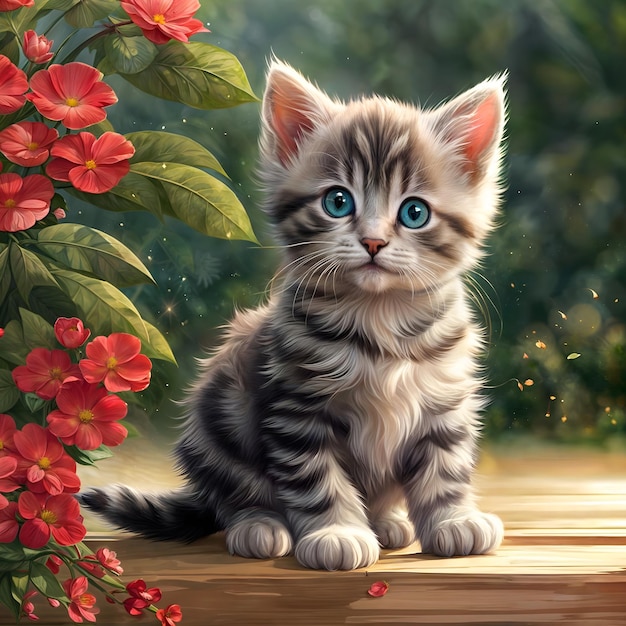 A cute kitten in a garden with various flowers