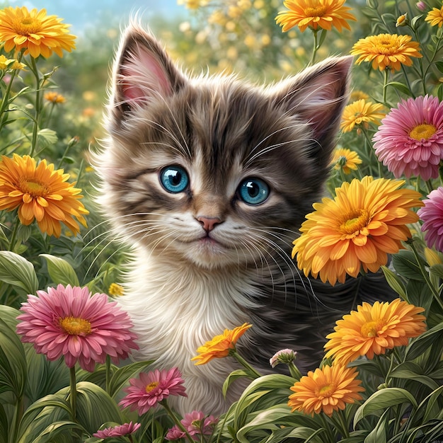 A cute kitten in a garden with various flowers