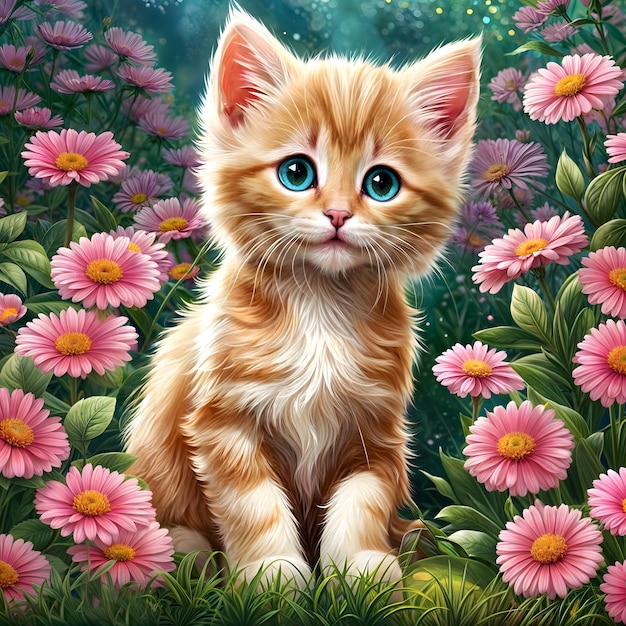 A cute kitten in a garden with various flowers