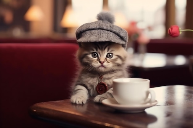 Cute kitten in a hat sits in a cafe with a cup of coffee Generative AI