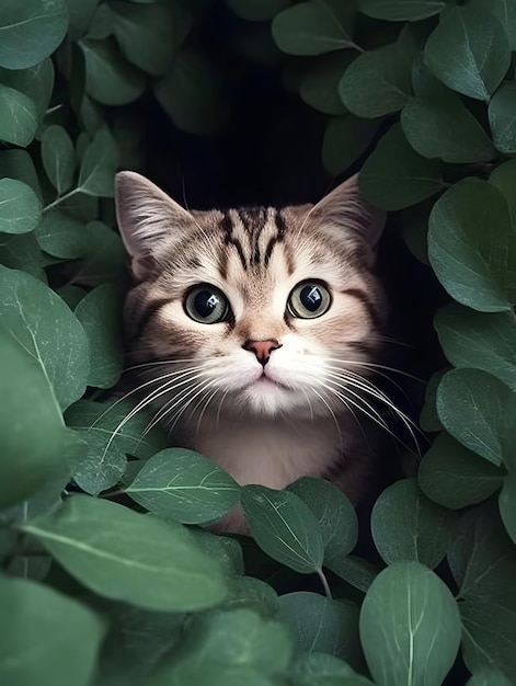 Cute kitten hidden between the green leaves