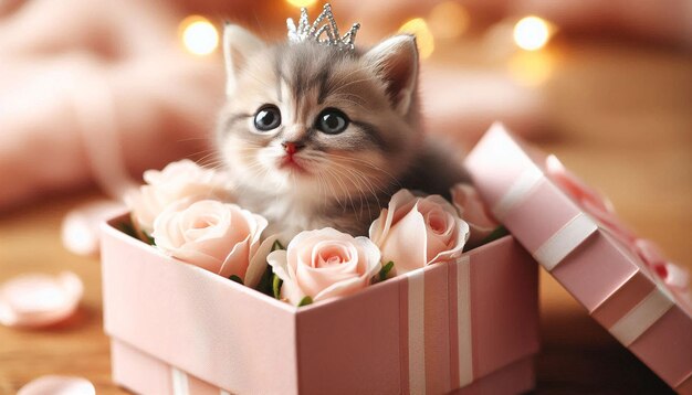 Photo cute kitten inside gift box with pink ribbon