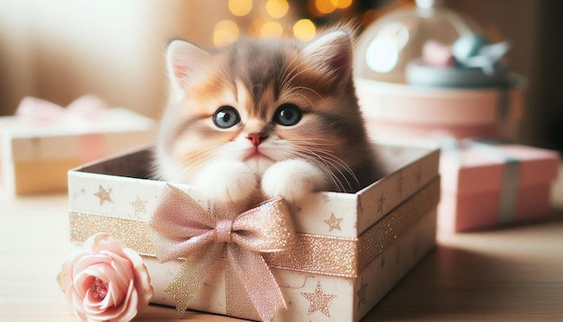 Photo cute kitten inside gift box with pink ribbon