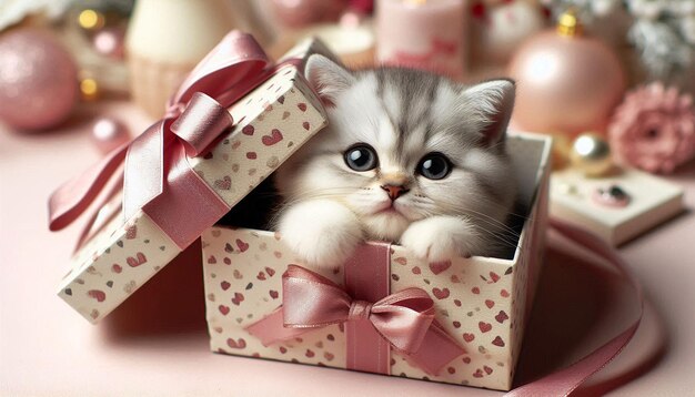 Photo cute kitten inside gift box with pink ribbon