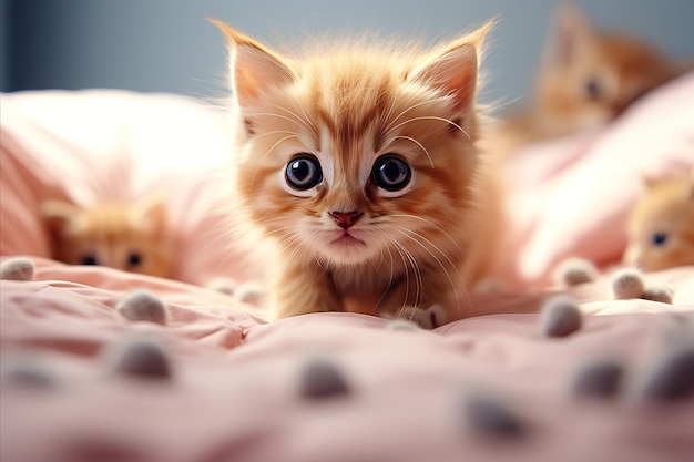 A cute kitten is lying on a pillow made of fur on a peach background and mice are running around