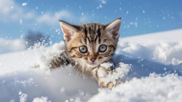 Photo a cute kitten is playing in the snow generate ai image