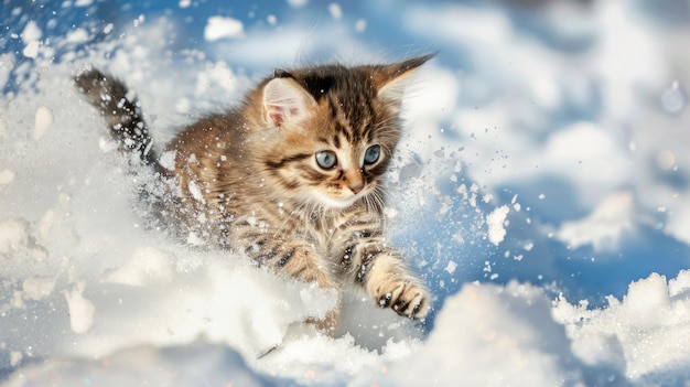 Photo a cute kitten is playing in the snow generate ai image