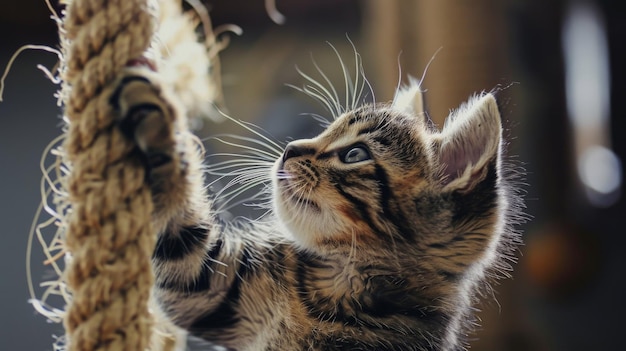 A cute kitten is playing with a rope The kitten is very focused on the rope