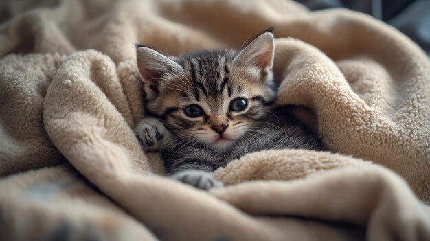 Photo a cute kitten nestled in a cozy blanket exuding warmth and playfulness