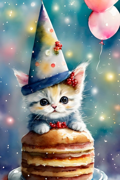 Cute kitten in a party hat with a birthday cake confetti and balloons watercolor