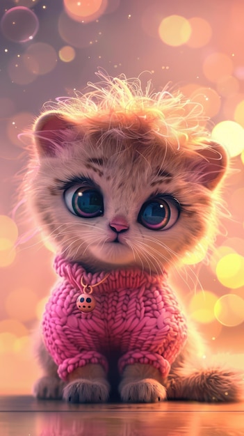 Photo cute kitten in a pink sweater with a bokeh background