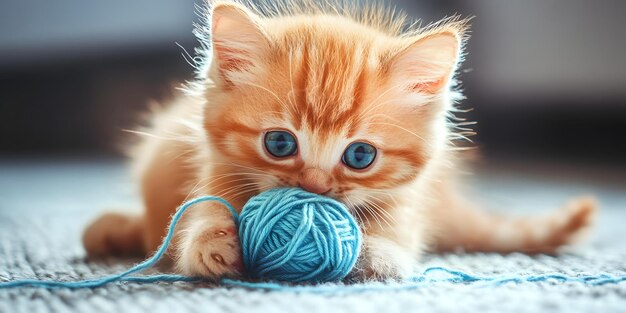 Photo cute kitten playing with a ball of yarn