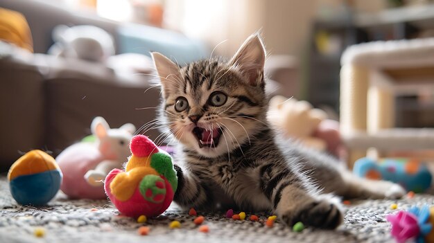 Cute kitten playing with toys in bright and cozy living room