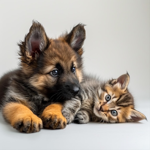 Cute kitten and puppy peeking out from the side of a white banner with room for text