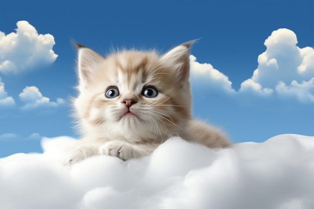 Cute kitten relaxing on clouds