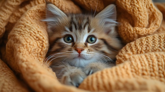 Photo cute kitten relaxing in knitted blanket adorable pet photo