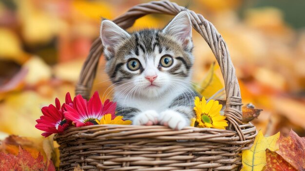 A cute kitten resting in a basket surrounded by colorful autumn leaves and flowers