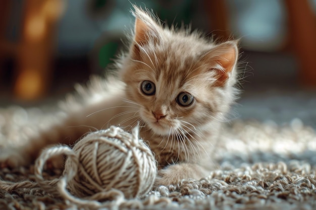 Photo a cute kitten rests on a soft blanket with a vibrant ball of yarn nearby inviting playful interaction a curious kitten playing with a ball of yarn ai generated