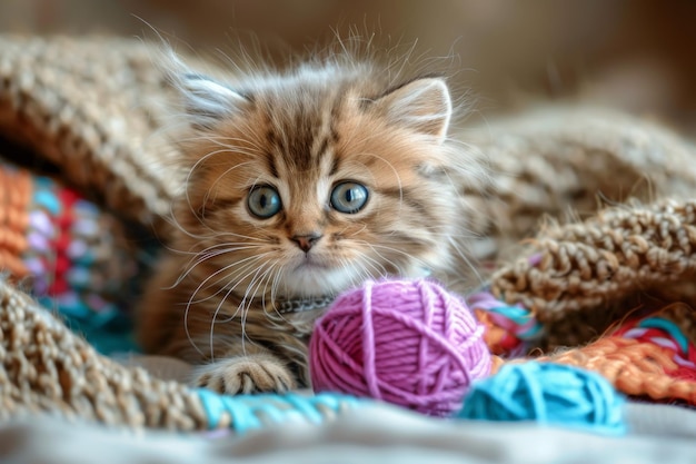 A cute kitten rests on a soft blanket with a vibrant ball of yarn nearby inviting playful interaction A curious kitten playing with a ball of yarn AI generated