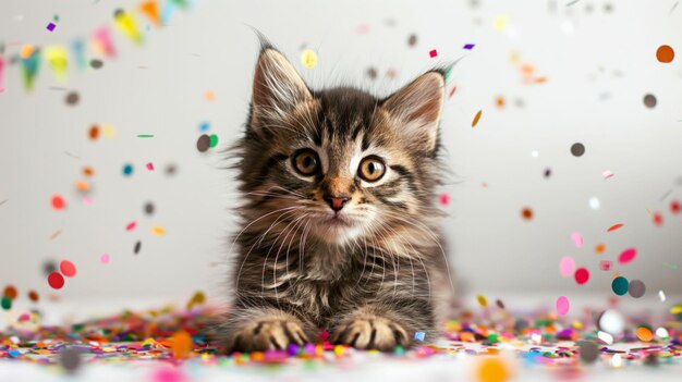 Photo a cute kitten sits in front of a white background with colorful confetti falling around it