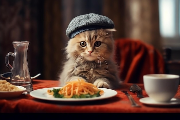 Cute kitten sits in a restaurant with a plate of spaghetti Generative AI