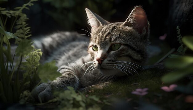 Cute kitten sitting in grass staring at camera playful and fluffy generated by artificial intelligence