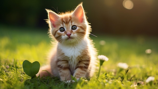 cute kitten sitting on green grass staring at camera