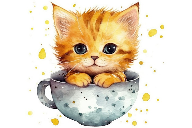 Cute kitten sitting inside a teacup in a watercolor painting Generative AI