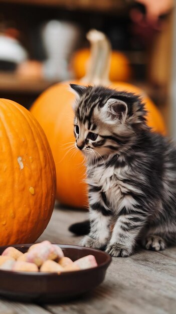 Cute kitten sitting looking at pumpkin eating sweet food generated by artificial intelligence