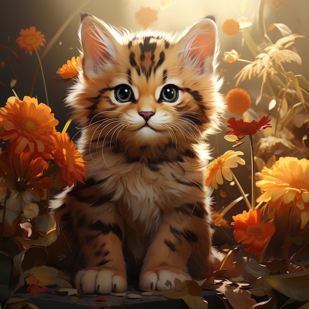 Cute Kitten Sitting on Lush Green Field with Flowers