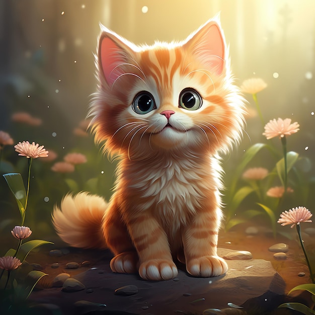 Cute Kitten Sitting on Lush Green Field with Flowers