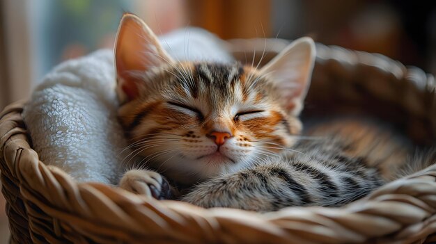 Cute Kitten Sleeping in a Basket Realistic Photo