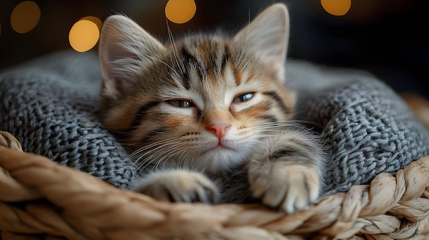 Cute Kitten Sleeping in a Basket with a Blanket Photo