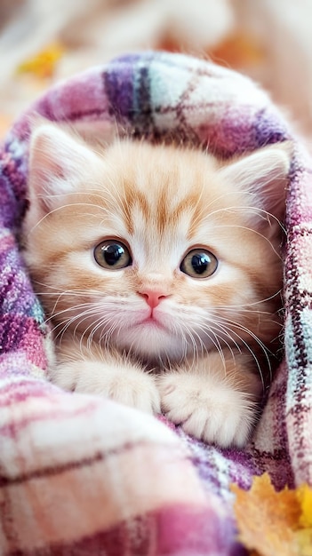 Photo cute kitten snuggling in a blanket