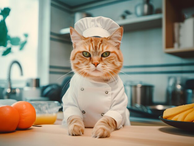 Cute kitten wearing chef hat and uniform waiting by kitchen counter Cozy kitchen background Created with Generative AI technology