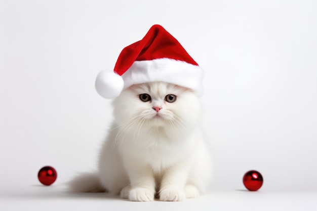 cute kitten wearing santa hat on white background with copy space AI Generated