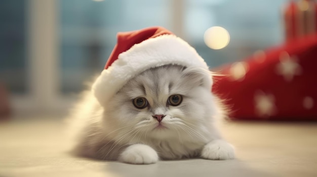 Cute kitten wearing a santa hat