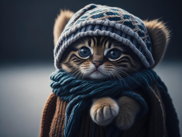 Cute kitten wearing a scarf and warm hat ai generative