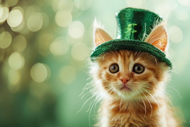 A cute kitten wearing a st patricks day costume against a green background