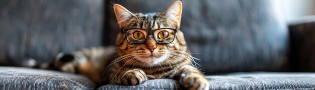 Cute Kitten Wearing Stylish Glasses and Relaxing on a Couch A Perfect Picture of Feline Joy and