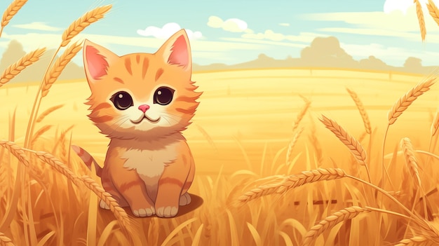 Cute kitten in a wheat field Childrens illustration